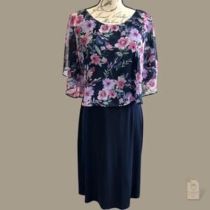 Navy Sheath Dress with Floral Chiffon Cape Overlay Size 6 Special Occasion